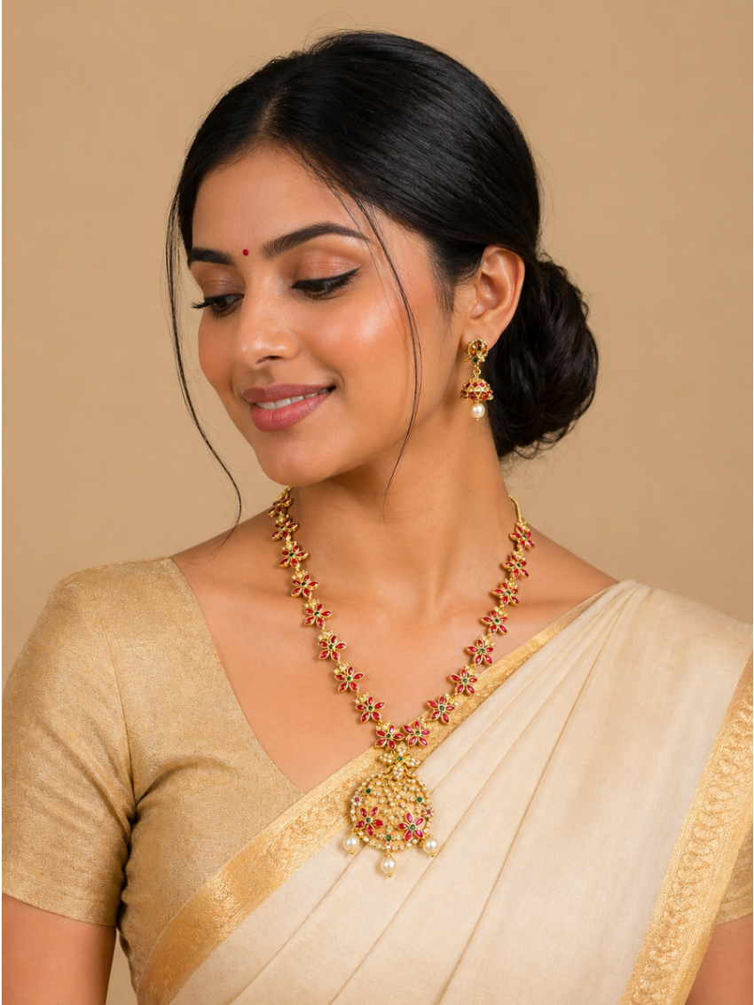 Imitation Neckalace with White AD/Pink Stones and Pearls