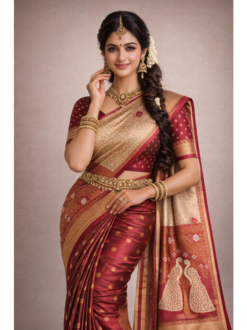 Premium Silk Blend Printed Saree with Contrast Border & Oxblood Maroon Blouse – Champagne Gold | Festive & Occasion Wear