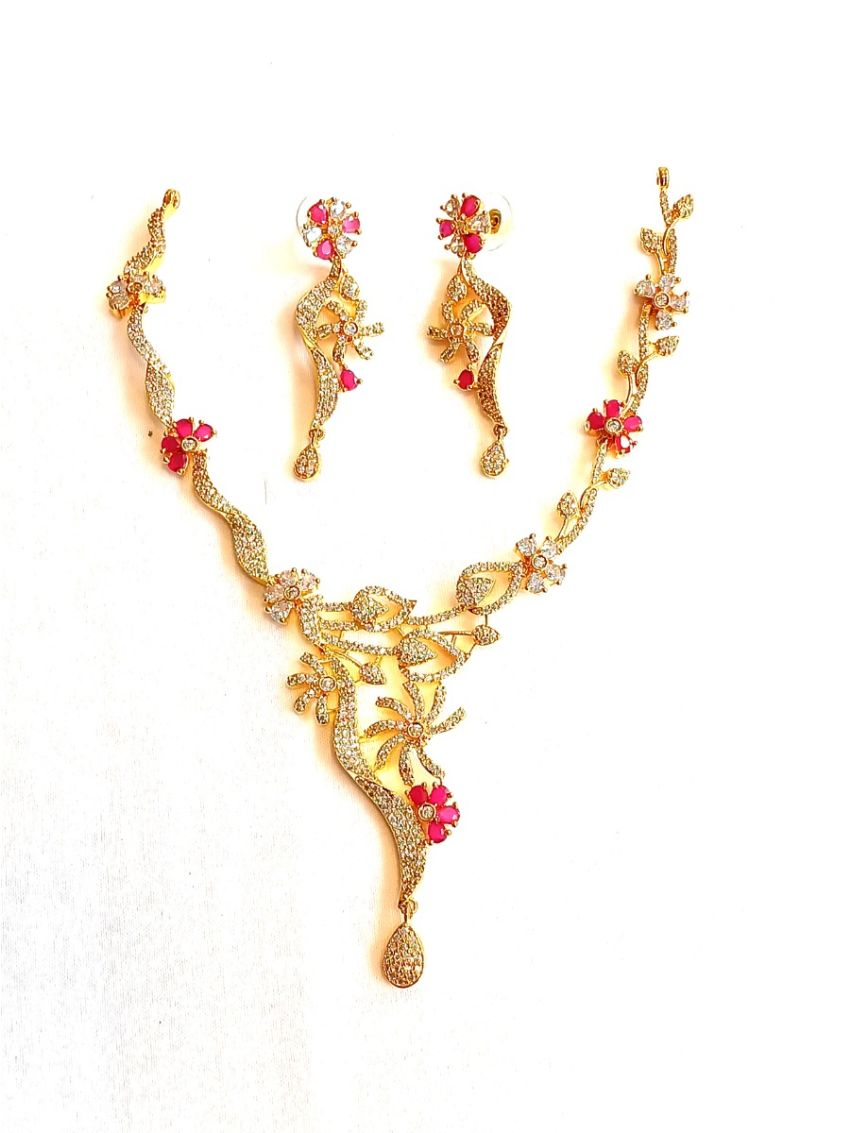 Neckalace and earring with white and pink stones AD-NE-22