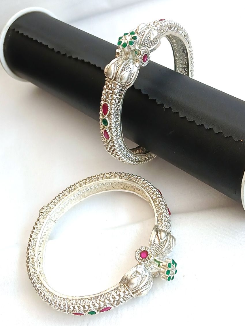 Silver Bangle with green and pink Stones