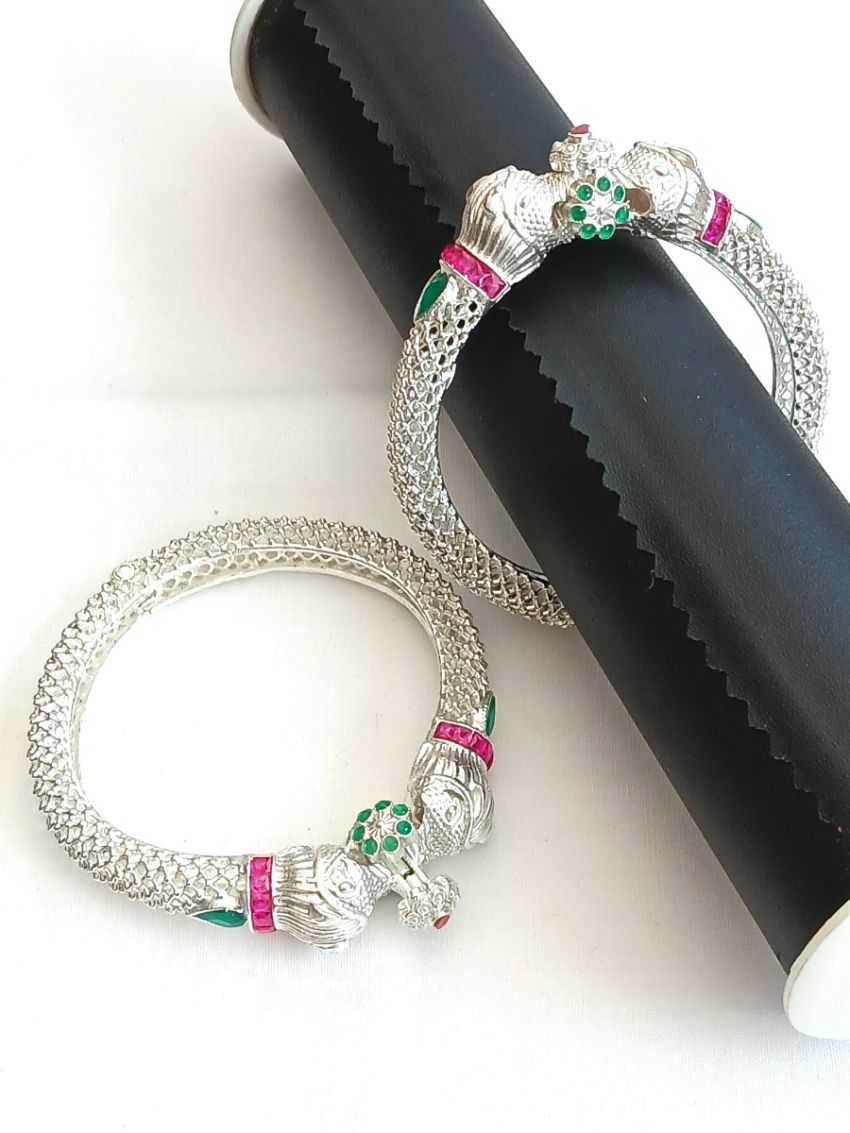 silver Bangle with green and Pink Stone with side screws