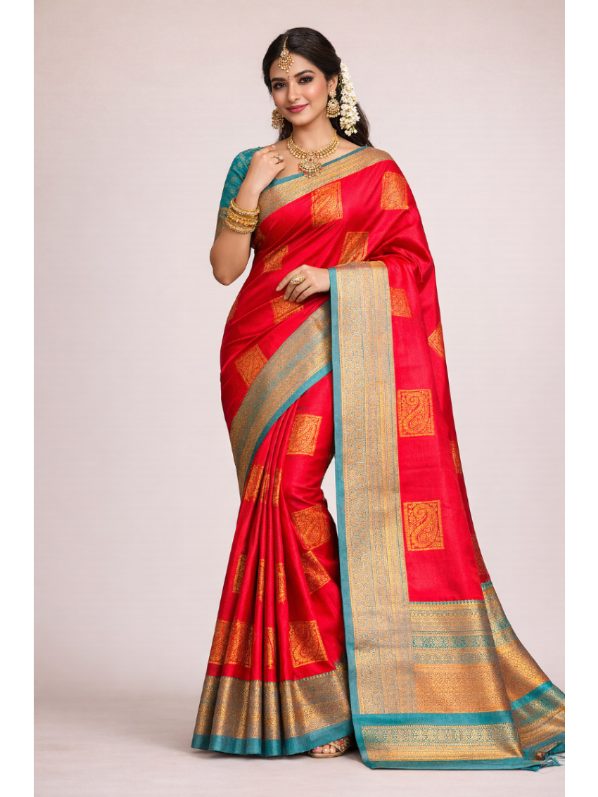 Silk Blend Printed Saree with Contrast Border & Persian Aquamarine Blouse – Volcanic Red | Festive & Occasion Wear