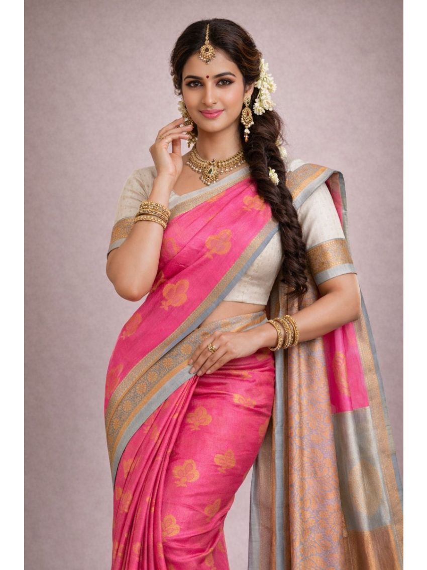 Silk Blend Printed Saree with Contrast Border & Mother of Pearl Blouse – Rosé | Festive & Occasion Wear