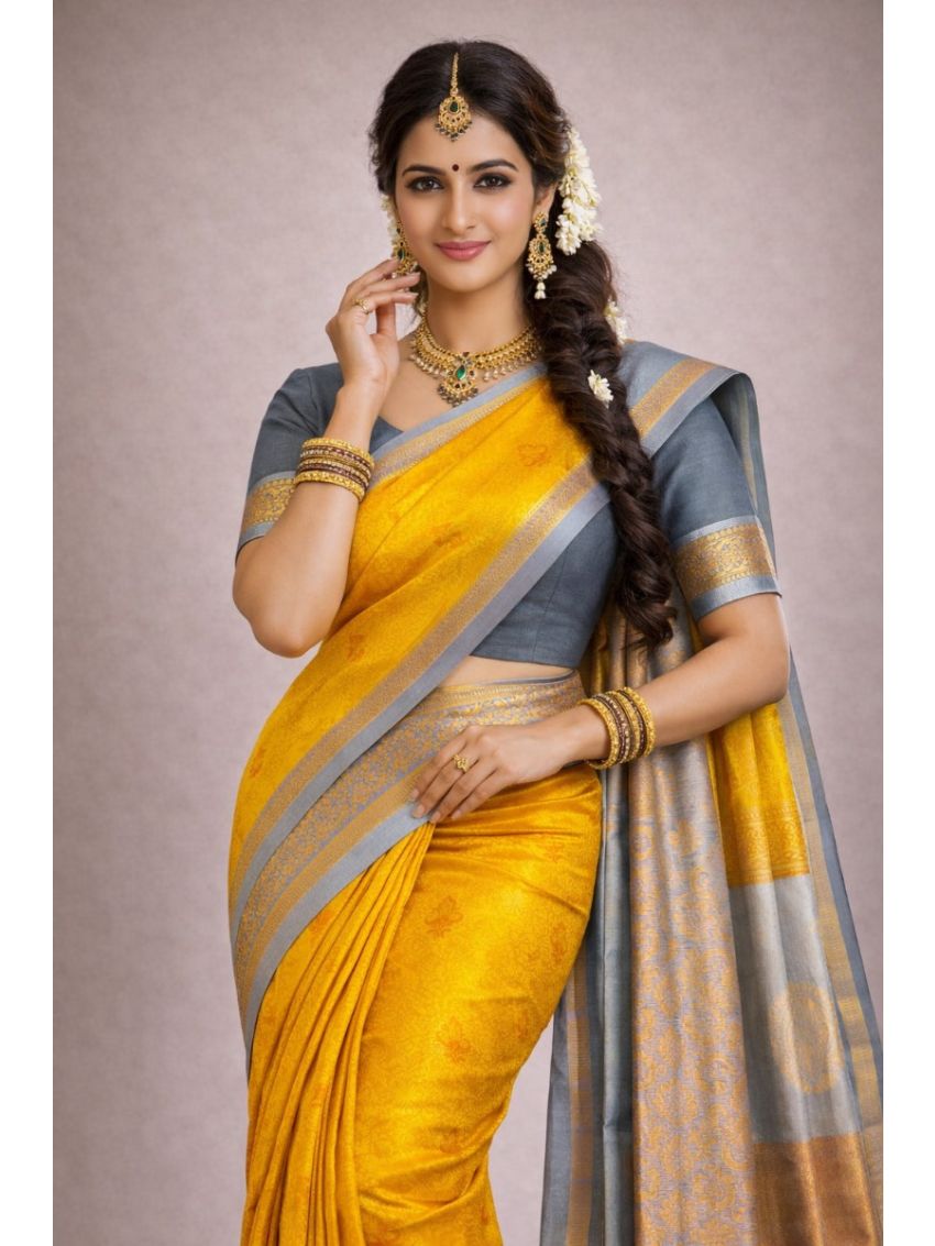 Premium Silk Blend Saree – Solar Gold with Contrast Border | Festive & Occasion Wear | Includes Blouse Piece