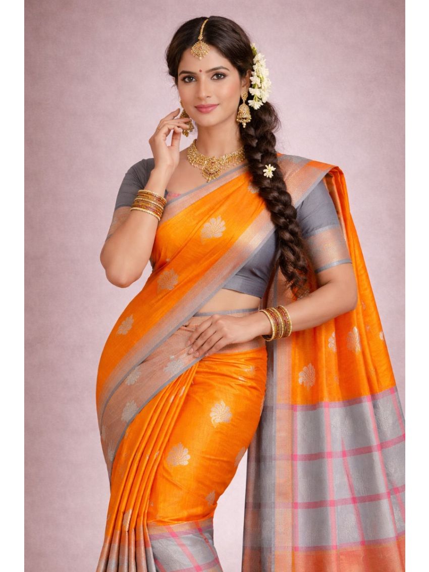 Silk Blend Printed Saree with Contrast Border & English Slate Blouse – Mandarin Silk | Festive & Occasion Wear