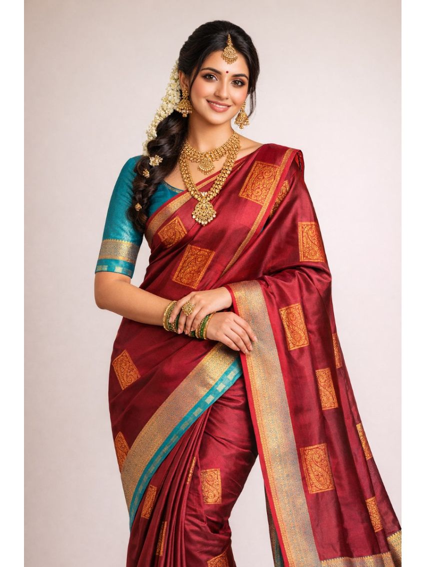 Silk Blend Printed Saree with Contrast Border & Persian Aquamarine Blouse – Oxblood Maroon | Festive & Occasion Wear