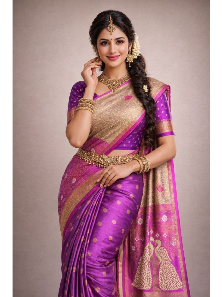 Premium Silk Blend Printed Saree with Contrast Border & Solar Violet Blouse – Amethyst Violet | Festive & Occasion Wear