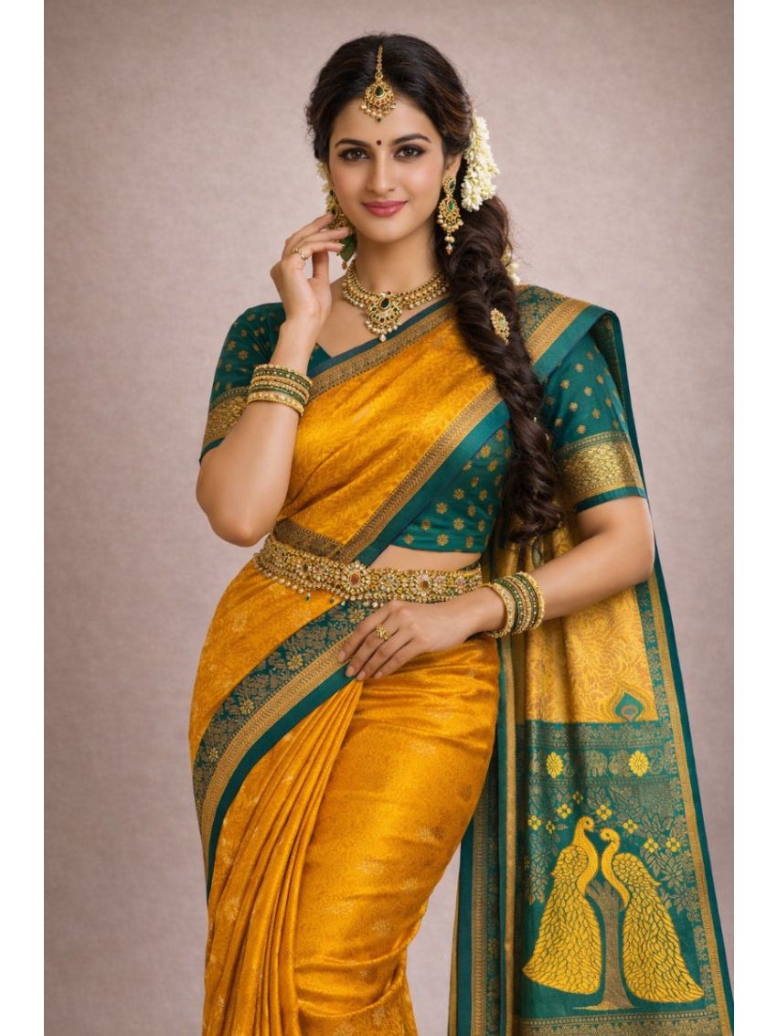 Premium Silk Blend Printed Saree with Contrast Border & Deep Sea Emerald Blouse – Solar Gold | Festive & Occasion Wear