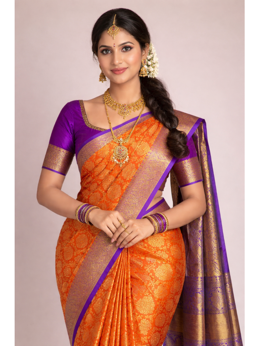 Silk Blend Printed Saree with Contrast Border & Amethyst Violet Blouse – Mandarin Silk | Festive & Occasion Wear