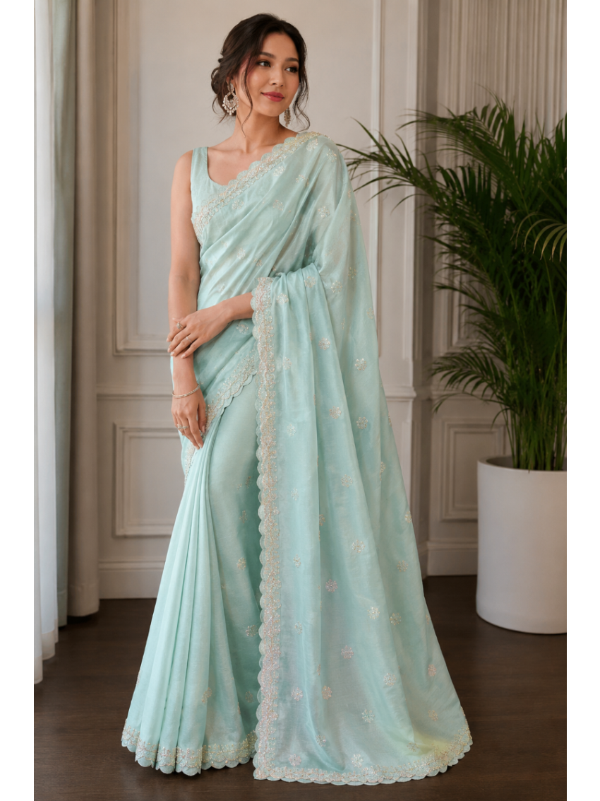 Mint Green Embroidered Saree 