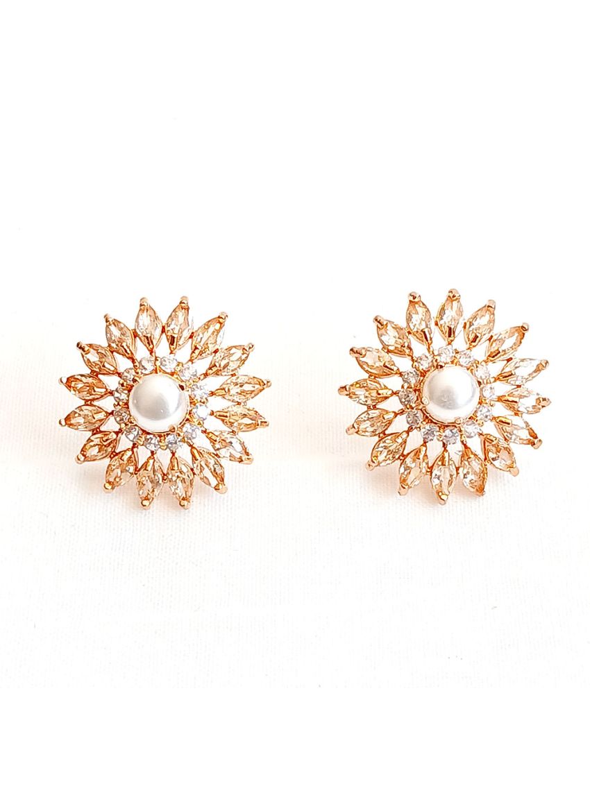 Brass colour stone earring + tiny white stone with pearl