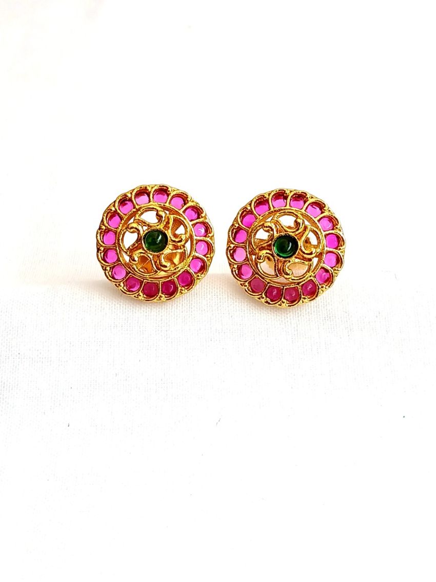 Imitation Earring with green and pink stones-EAR-R-E-5