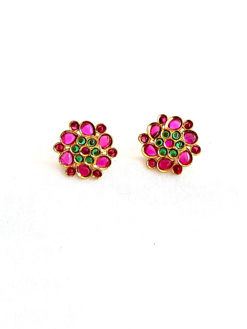 Imitation Earring with green and pink stones-EAR-R-E-6