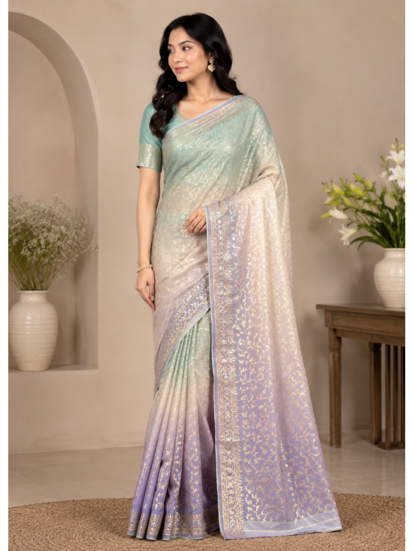 Mint Green & Lavender Ombre Soft Silk Saree with Matching Blouse Piece