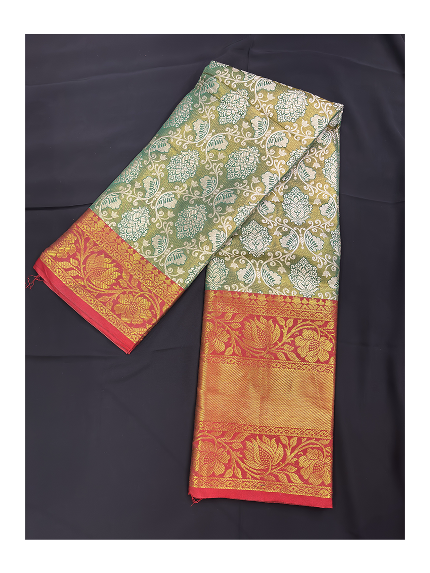 Silk Blend Printed Saree with Contrast Border & Oxblood Maroon Blouse – Terracotta Rose & Pistachio Cream | Festive Wear