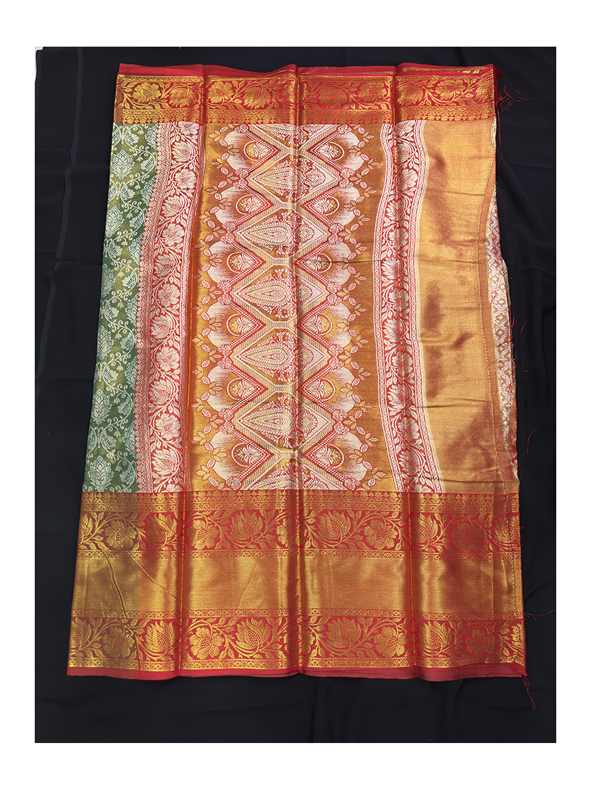Silk Blend Printed Saree with Contrast Border & Oxblood Maroon Blouse – Terracotta Rose & Pistachio Cream | Festive Wear