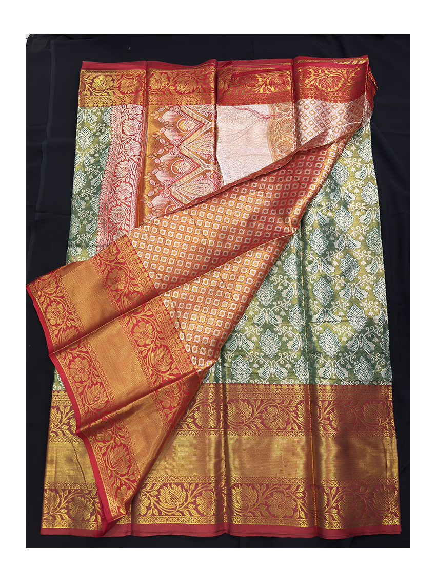 Silk Blend Printed Saree with Contrast Border & Oxblood Maroon Blouse – Terracotta Rose & Pistachio Cream | Festive Wear