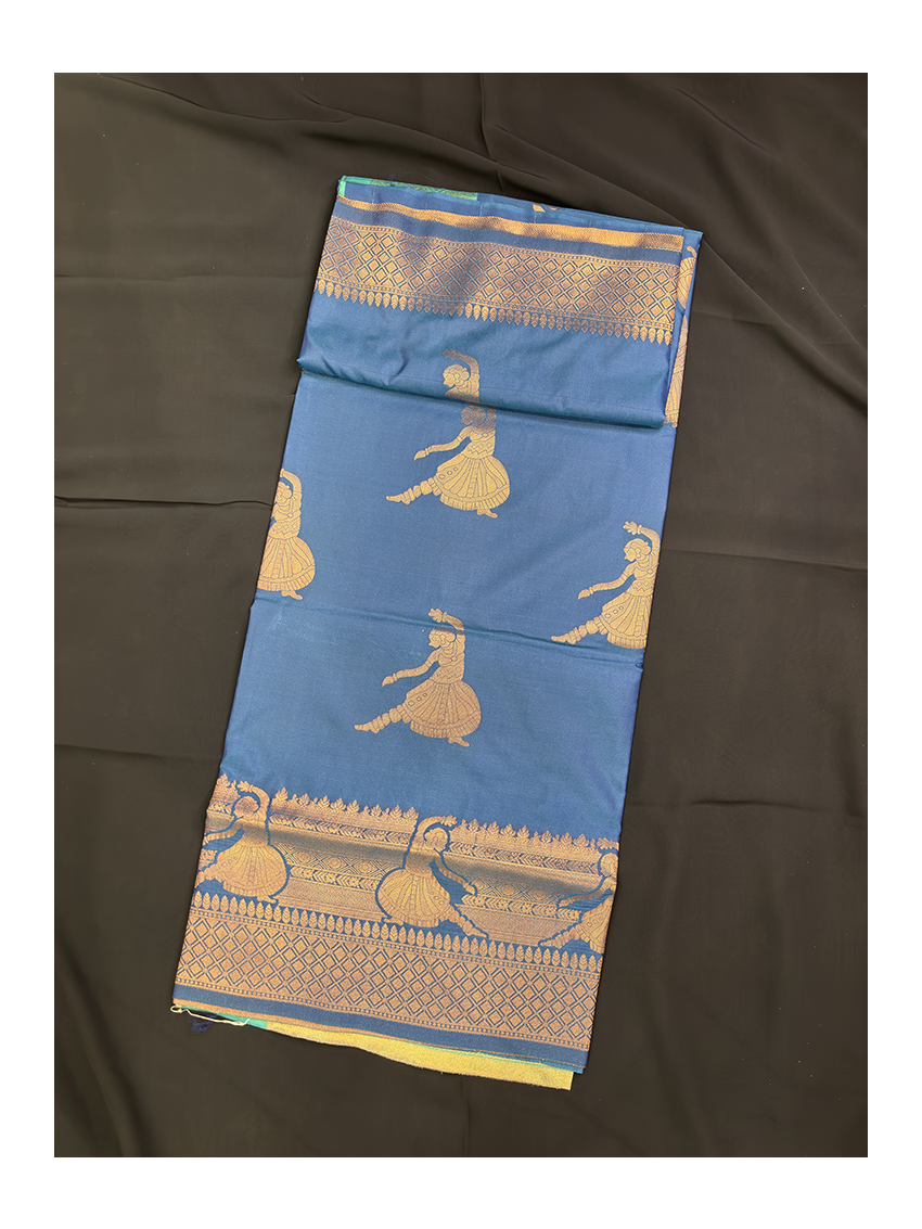 Premium Silk Blend Printed Saree with Contrast Border & Electric Jade Blouse – Midnight Sapphire | Festive & Occasion Wear