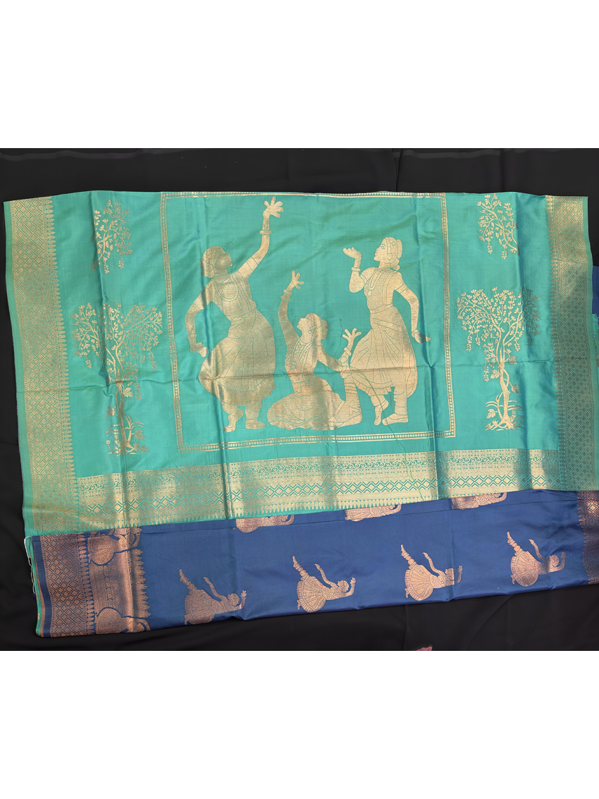 Premium Silk Blend Printed Saree with Contrast Border & Electric Jade Blouse – Midnight Sapphire | Festive & Occasion Wear