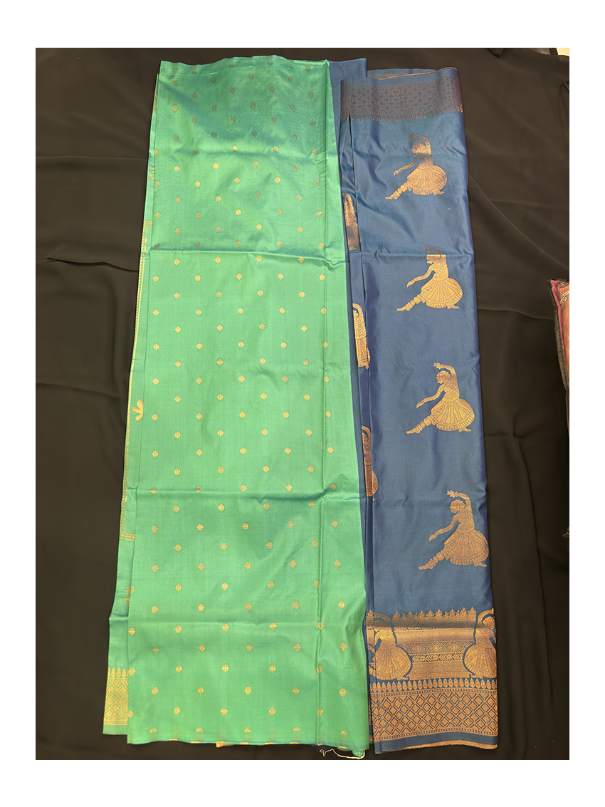 Premium Silk Blend Printed Saree with Contrast Border & Electric Jade Blouse – Midnight Sapphire | Festive & Occasion Wear