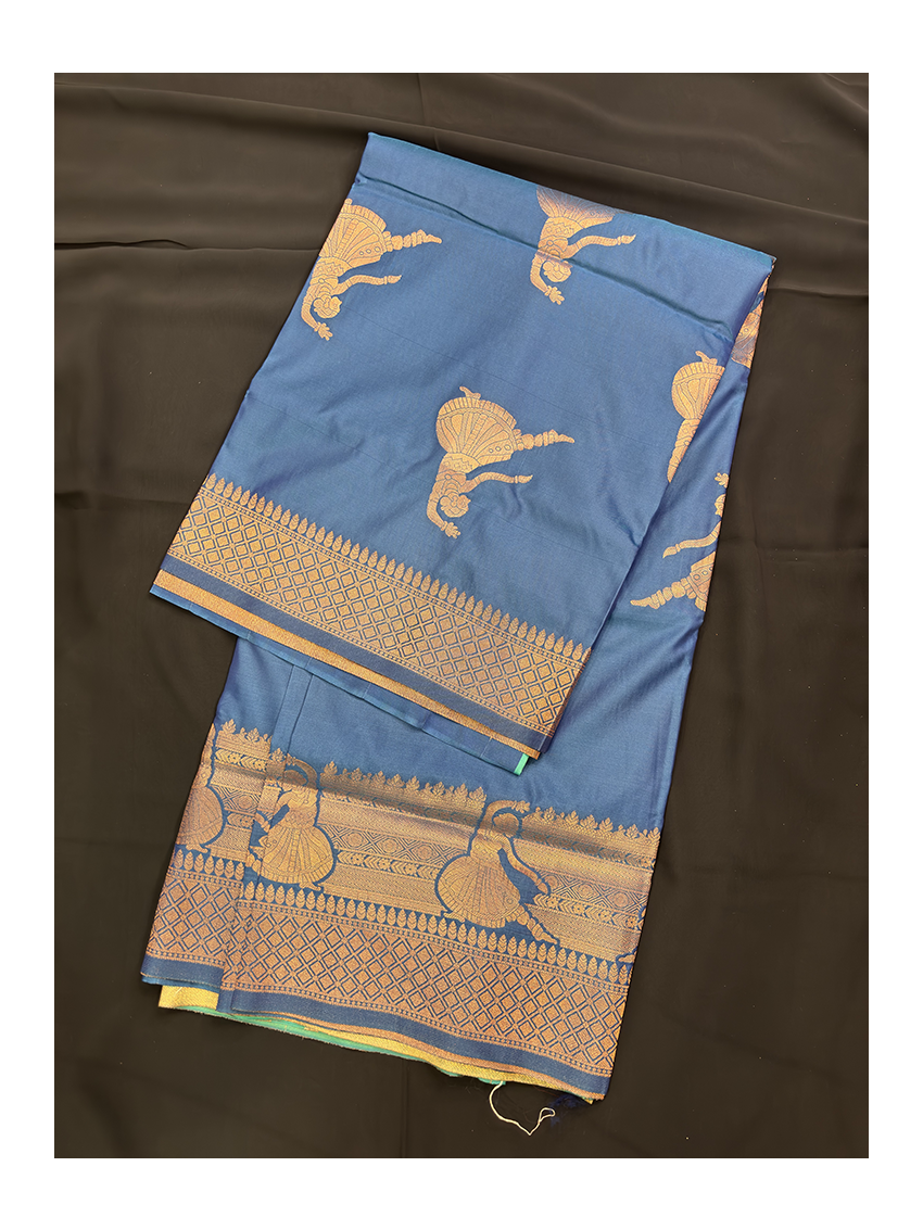 Premium Silk Blend Printed Saree with Contrast Border & Electric Jade Blouse – Midnight Sapphire | Festive & Occasion Wear