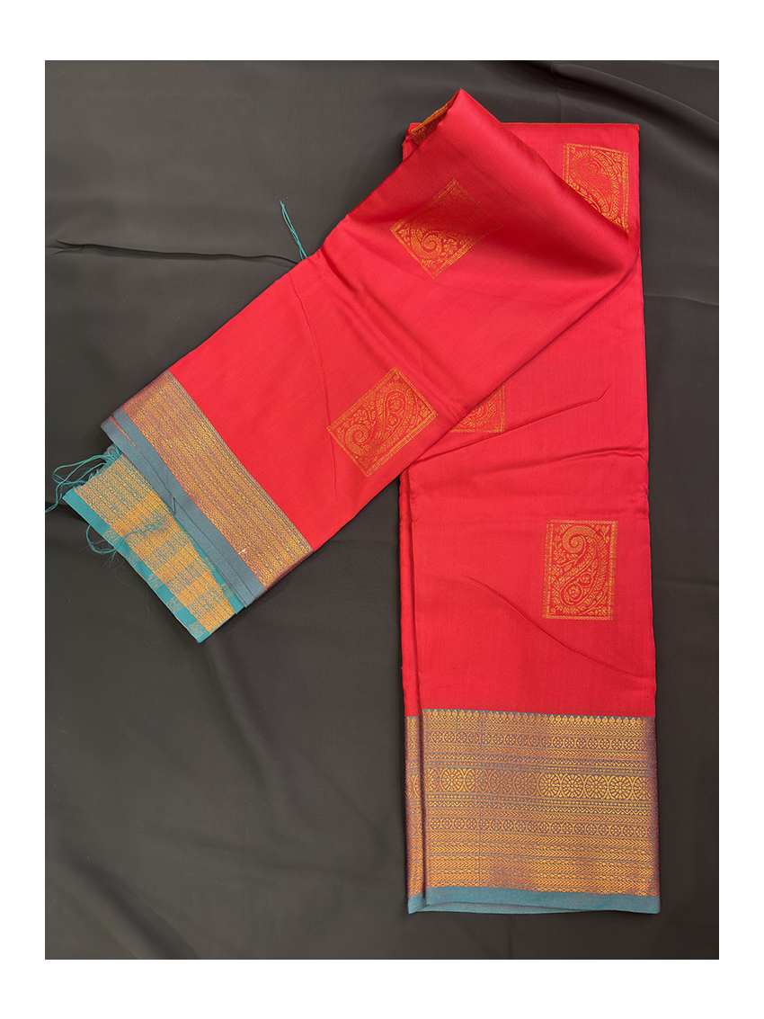 Silk Blend Printed Saree with Contrast Border & Persian Aquamarine Blouse – Volcanic Red | Festive & Occasion Wear