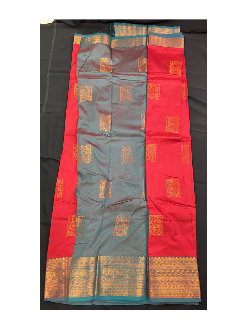 Silk Blend Printed Saree with Contrast Border & Persian Aquamarine Blouse – Volcanic Red | Festive & Occasion Wear