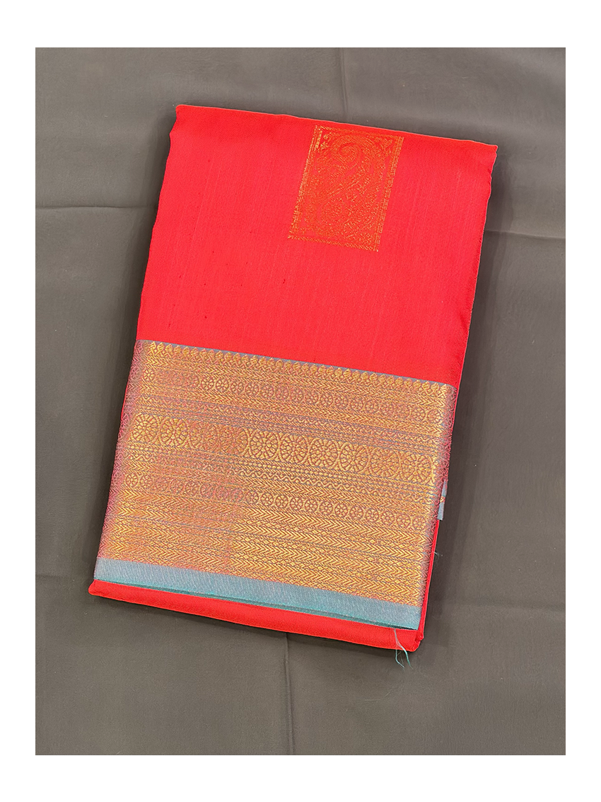 Silk Blend Printed Saree with Contrast Border & Persian Aquamarine Blouse – Volcanic Red | Festive & Occasion Wear