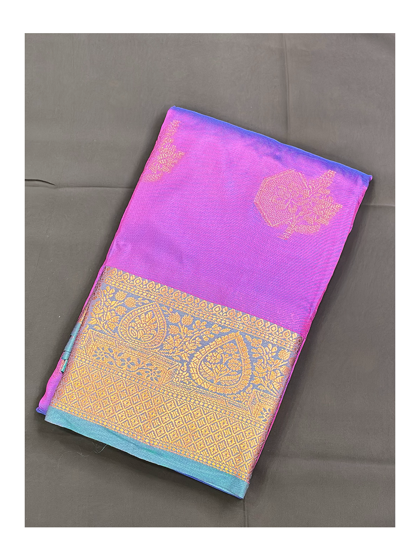 Silk Blend Printed Saree with Contrast Border & Atoll Blue Blouse – Amethyst Violet | Festive & Occasion Wear