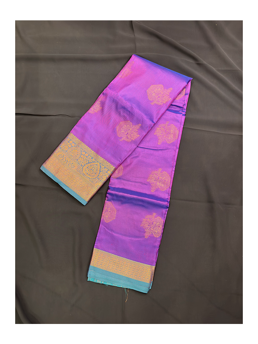 Silk Blend Printed Saree with Contrast Border & Atoll Blue Blouse – Amethyst Violet | Festive & Occasion Wear