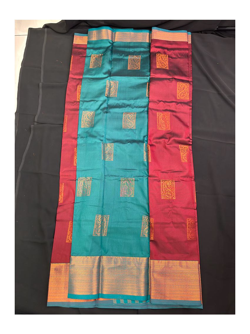 Silk Blend Printed Saree with Contrast Border & Persian Aquamarine Blouse – Oxblood Maroon | Festive & Occasion Wear