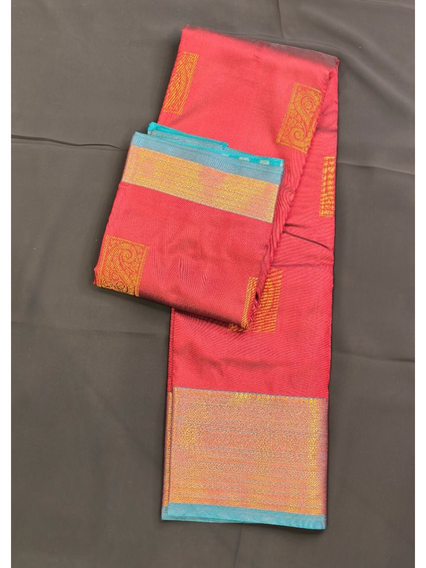 Silk Blend Printed Saree with Contrast Border & Persian Aquamarine Blouse – Oxblood Maroon | Festive & Occasion Wear