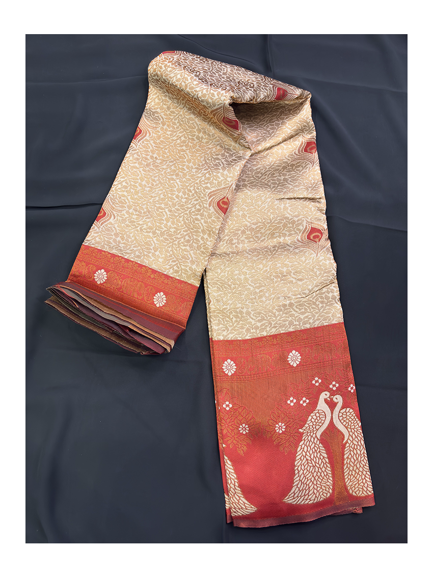 Premium Silk Blend Printed Saree with Contrast Border & Oxblood Maroon Blouse – Champagne Gold | Festive & Occasion Wear