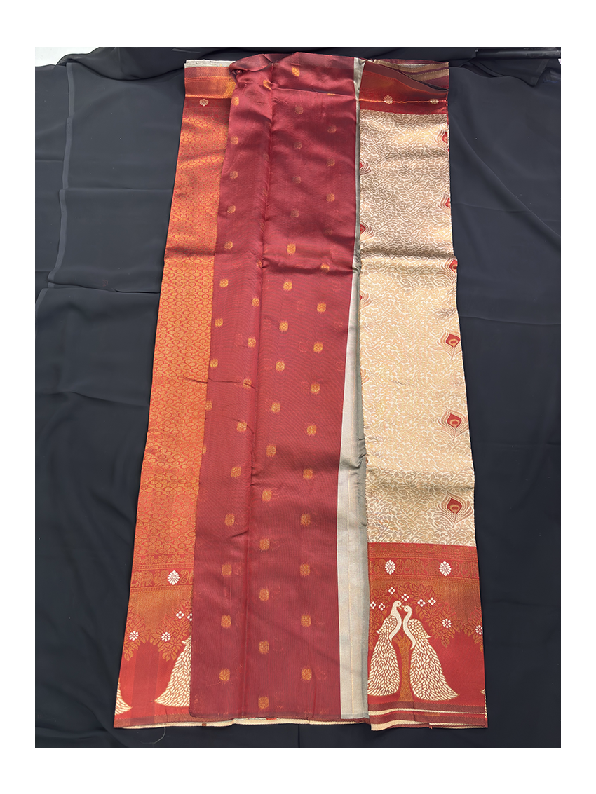 Premium Silk Blend Printed Saree with Contrast Border & Oxblood Maroon Blouse – Champagne Gold | Festive & Occasion Wear
