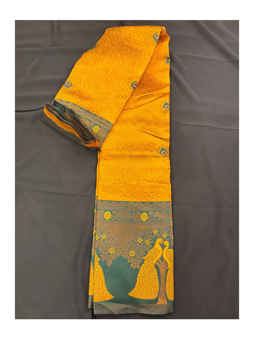 Premium Silk Blend Printed Saree with Contrast Border & Deep Sea Emerald Blouse – Solar Gold | Festive & Occasion Wear