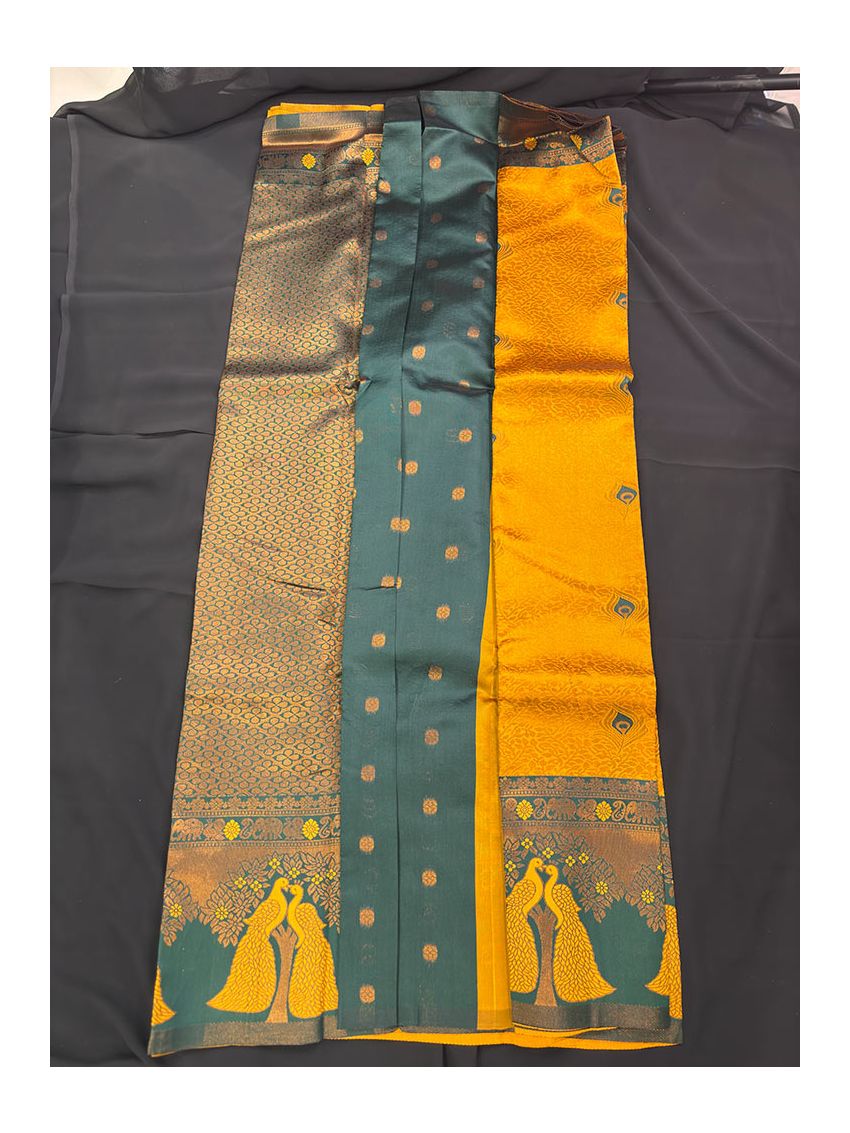 Premium Silk Blend Printed Saree with Contrast Border & Deep Sea Emerald Blouse – Solar Gold | Festive & Occasion Wear