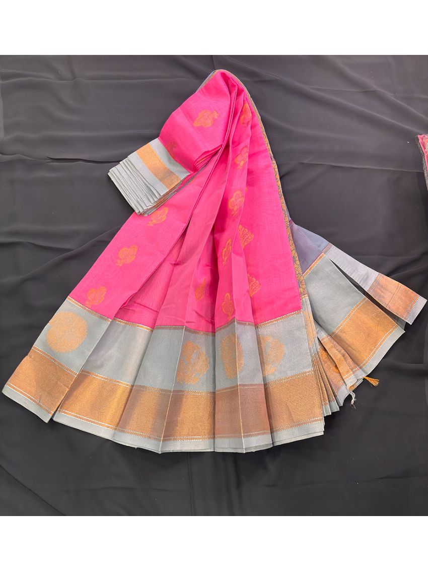 Silk Blend Printed Saree with Contrast Border & Mother of Pearl Blouse – Rosé | Festive & Occasion Wear