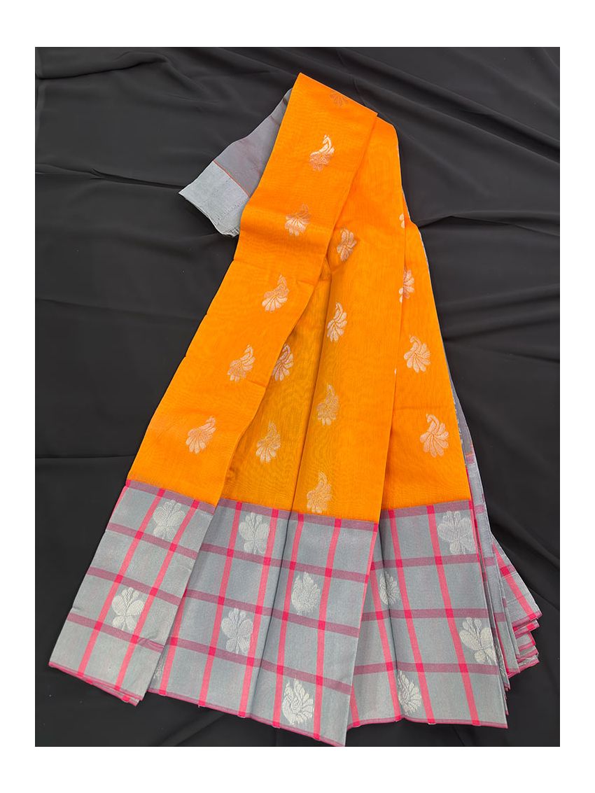 Silk Blend Printed Saree with Contrast Border & English Slate Blouse – Mandarin Silk | Festive & Occasion Wear