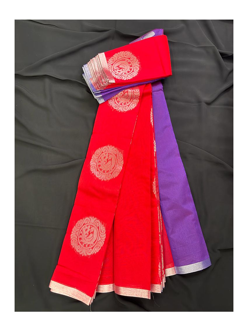 Volcanic Red Silk Blend Saree with Contrast Border & Plum Royale Blouse Piece