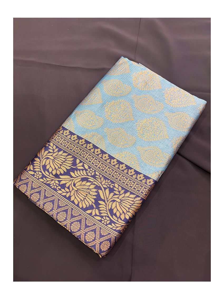 Smoky Sapphire Silk Blend Saree with Contrast Border & Midnight Sapphire Blouse Piece | Printed Festive Wear Saree for Women