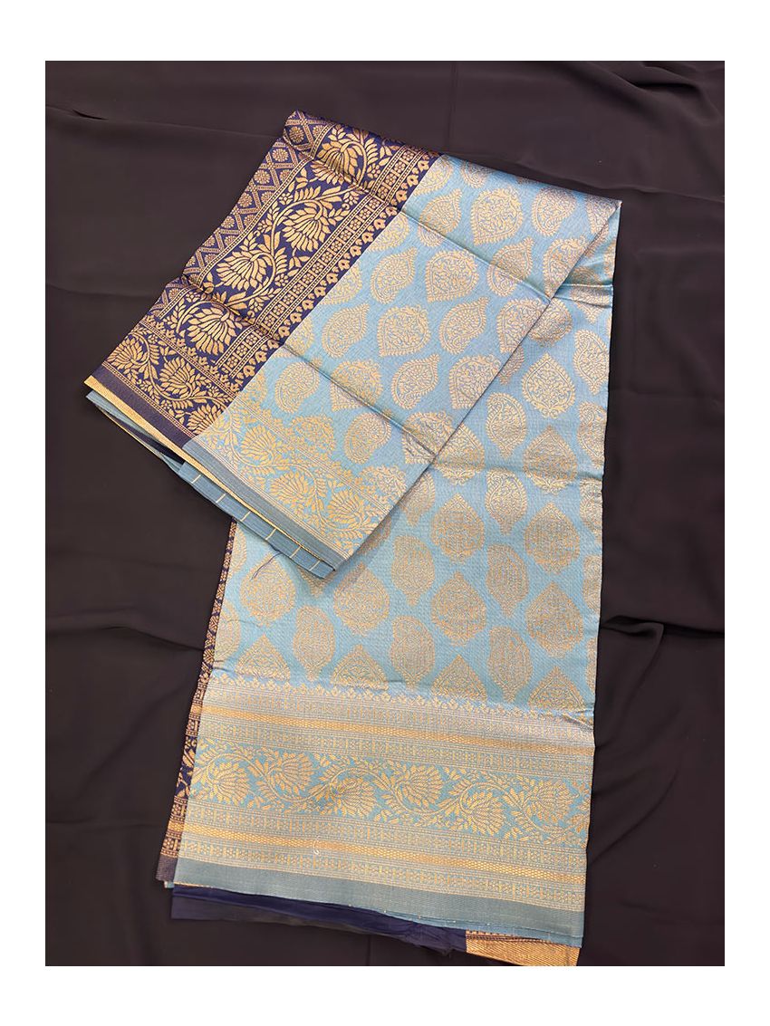 Smoky Sapphire Silk Blend Saree with Contrast Border & Midnight Sapphire Blouse Piece | Printed Festive Wear Saree for Women