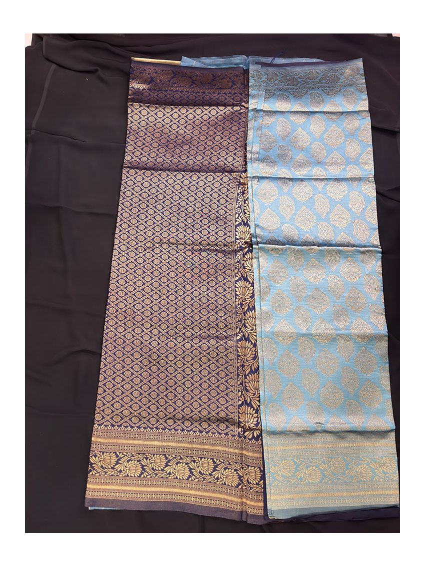 Smoky Sapphire Silk Blend Saree with Contrast Border & Midnight Sapphire Blouse Piece | Printed Festive Wear Saree for Women