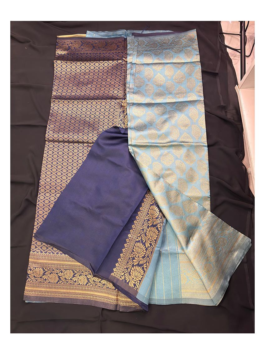 Smoky Sapphire Silk Blend Saree with Contrast Border & Midnight Sapphire Blouse Piece | Printed Festive Wear Saree for Women