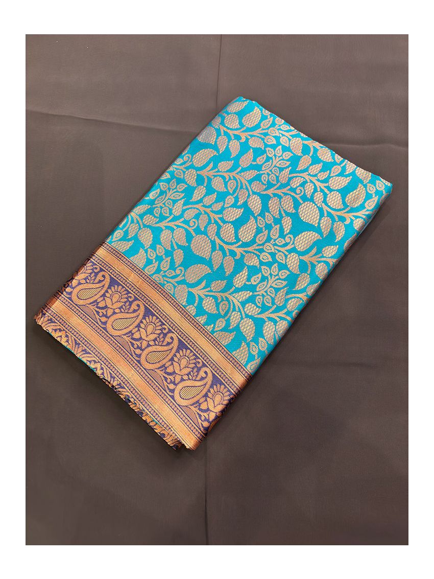 Silk Blend Printed Saree for Women | Persian Aquamarine with Contrast Border | Festive & Occasion Wear | Includes Midnight Sapphire Blouse Piece