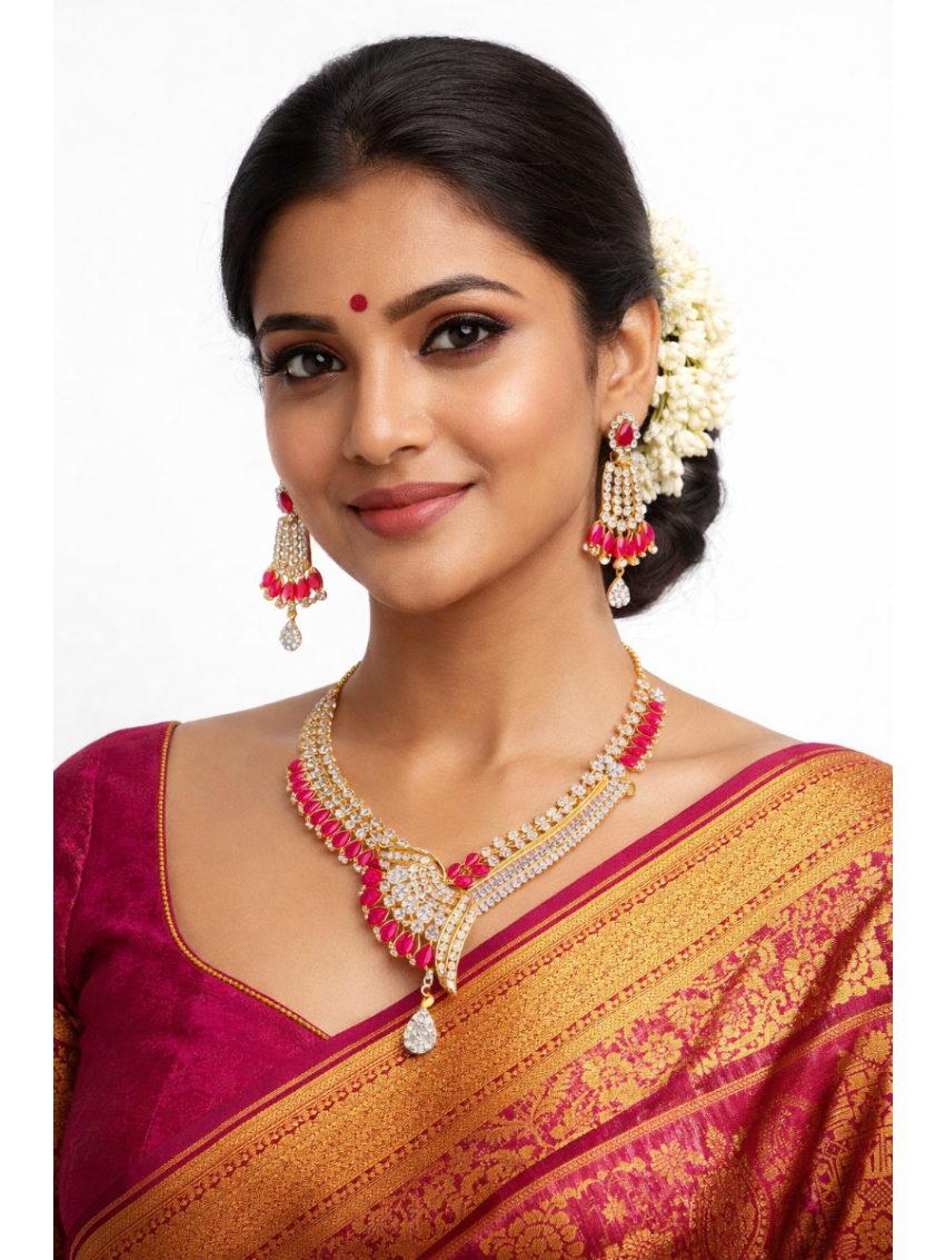 Imitation Neckalace with white AD and Pink stones