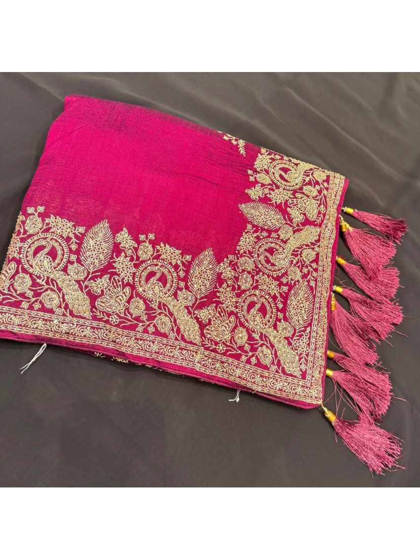 Magenta Soft Raw Silk Saree with Matching Embroidered Blouse Piece