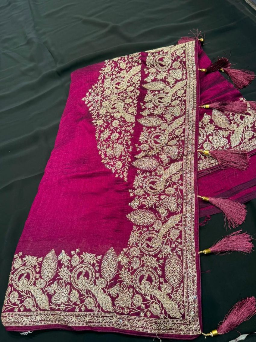 Magenta Soft Raw Silk Saree with Matching Embroidered Blouse Piece