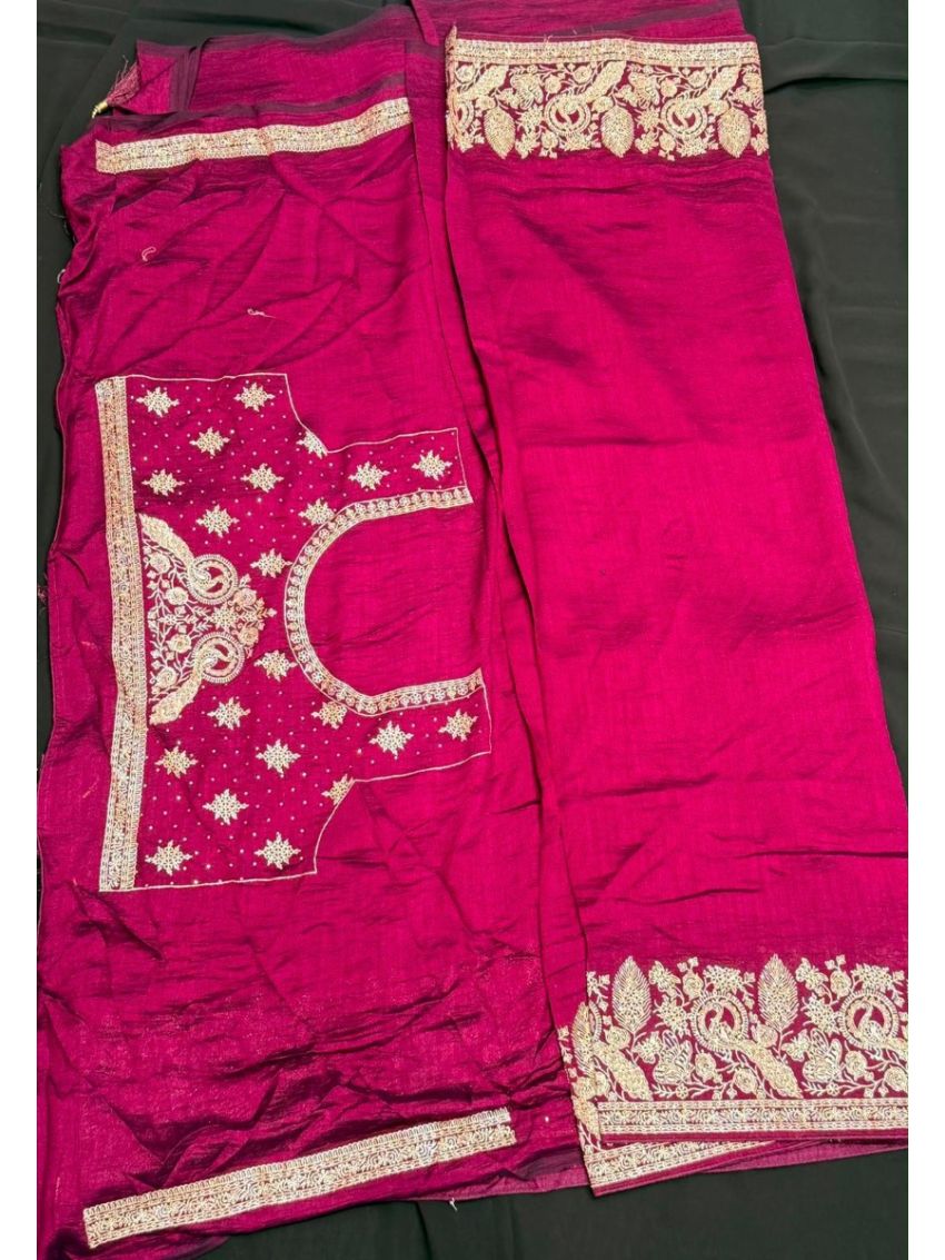 Magenta Soft Raw Silk Saree with Matching Embroidered Blouse Piece