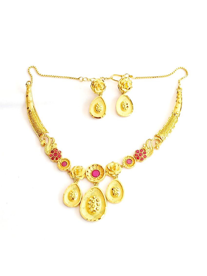 Gold plated necklace with red stone with earring