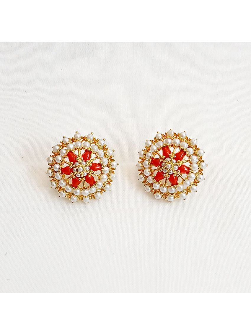 pearl earing with orange and gold plated